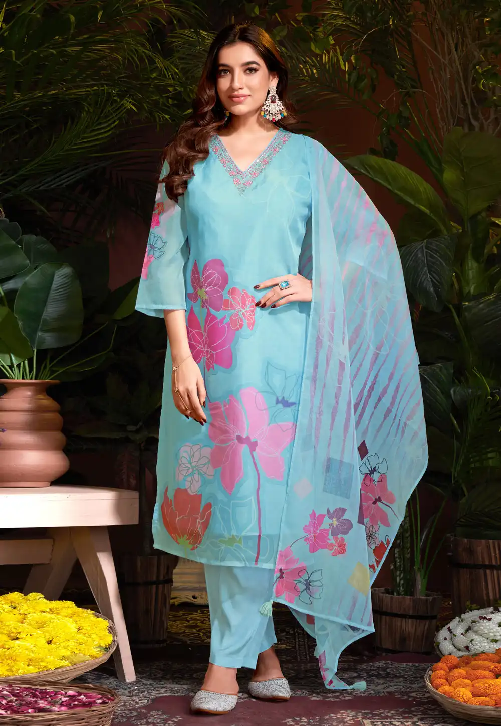 Sky Blue Organza Readymade Pakistani Suit 288400