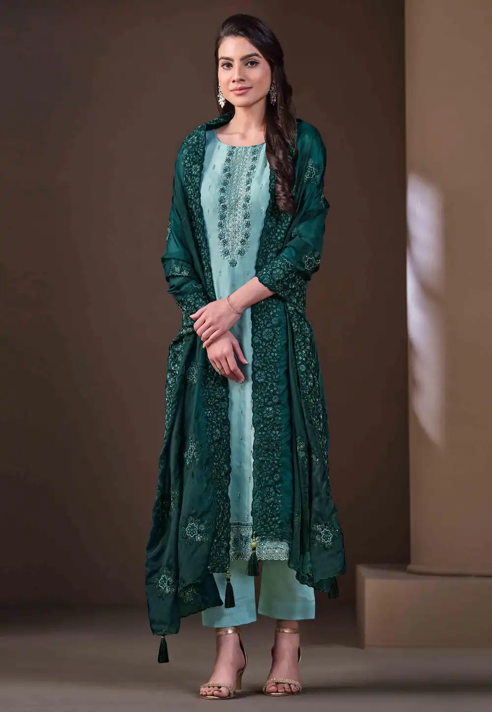 Sky Blue Organza Readymade Pakistani Suit 291149