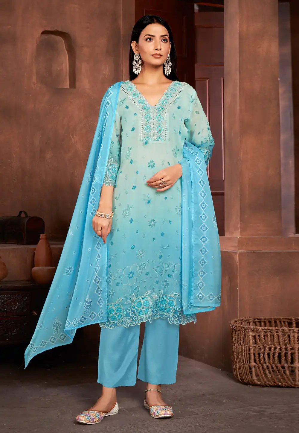 Sky Blue Organza Readymade Pant Style Suit 288390