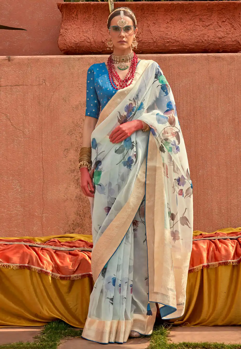 Sky Blue Organza Saree With Blouse 291350