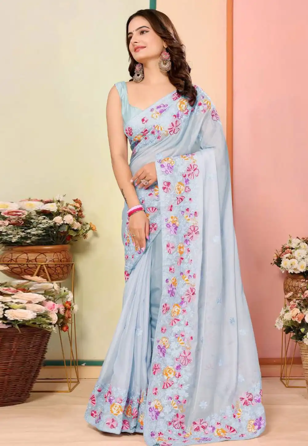 Sky Blue Organza Saree With Blouse 291090