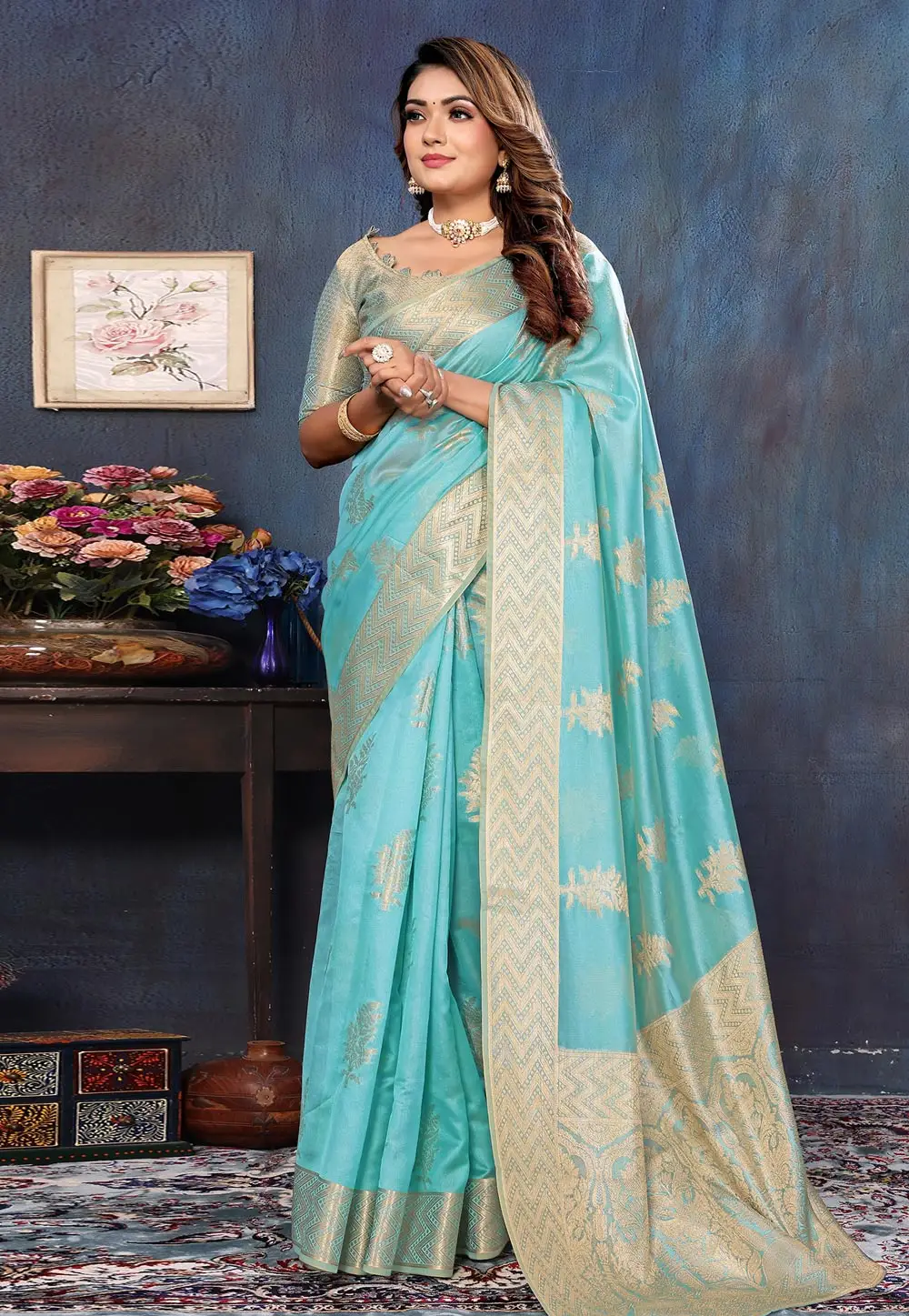 Sky Blue Organza Saree With Blouse 296199