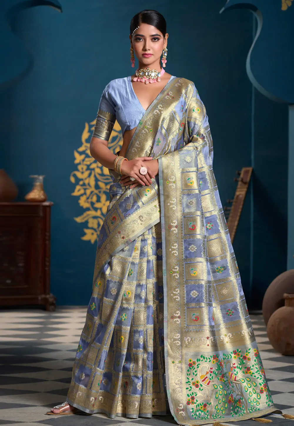 Sky Blue Organza Saree With Blouse 303587