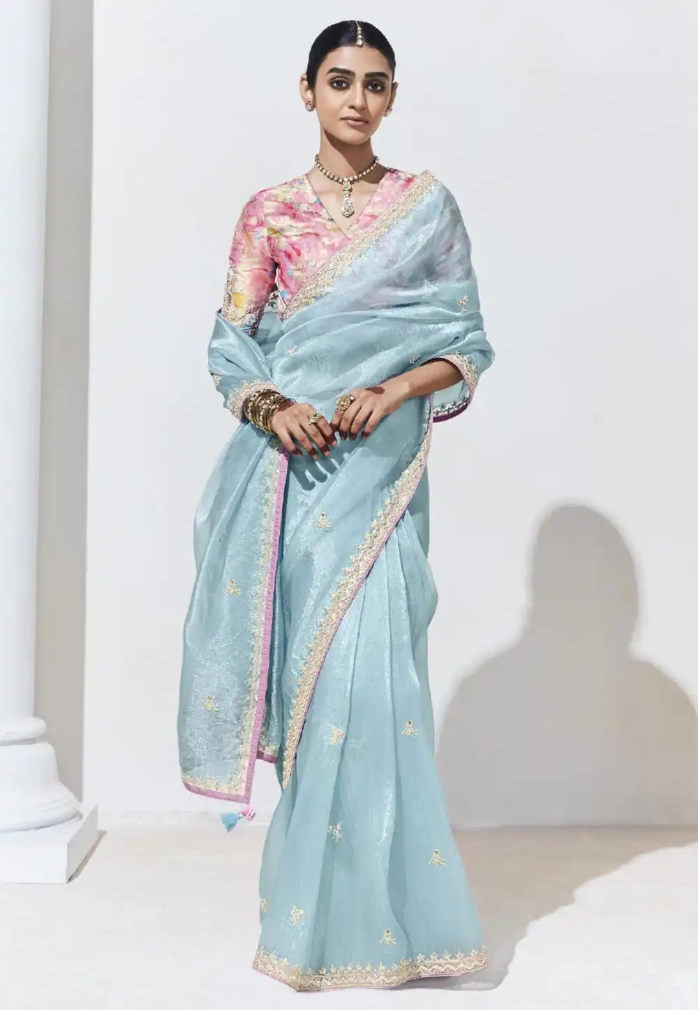 Sky Blue Organza Saree With Blouse 291610