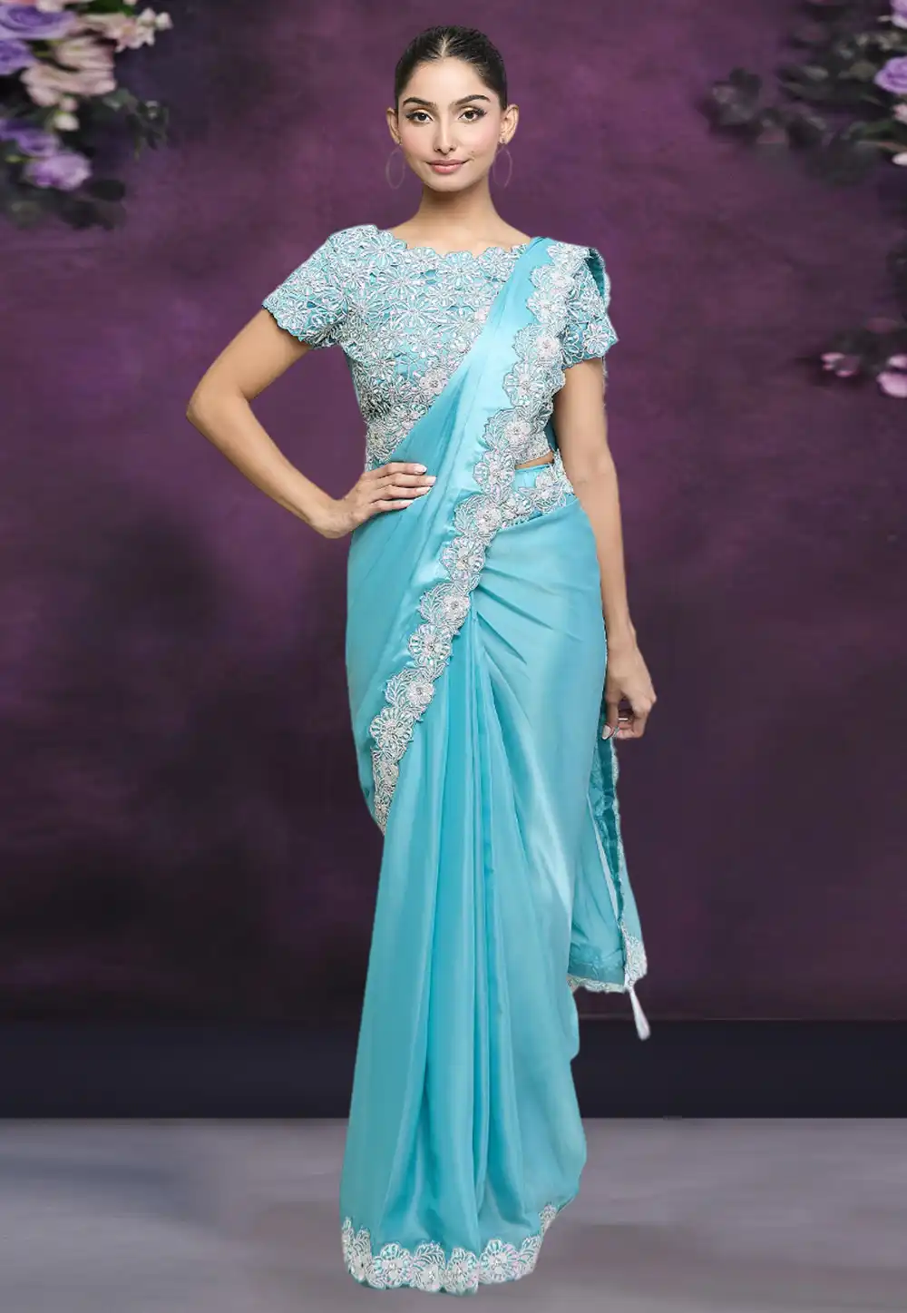 Sky Blue Organza Saree With Blouse 293276