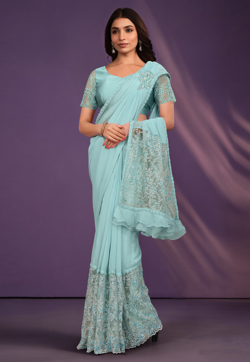 Sky Blue Organza Saree With Blouse 310851