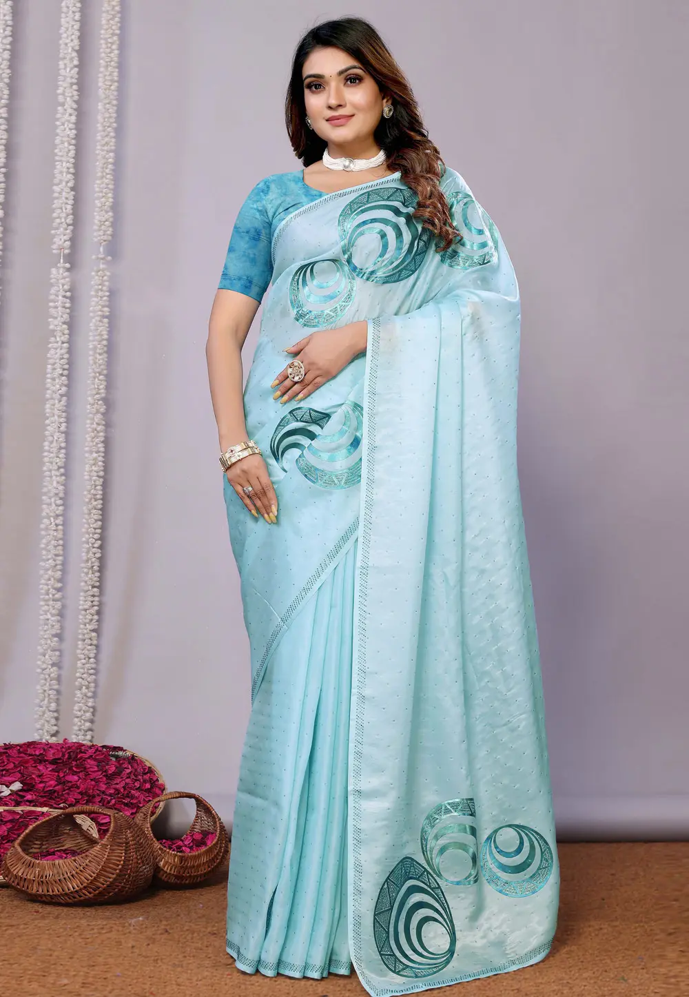 Sky Blue Organza Saree With Blouse 299510