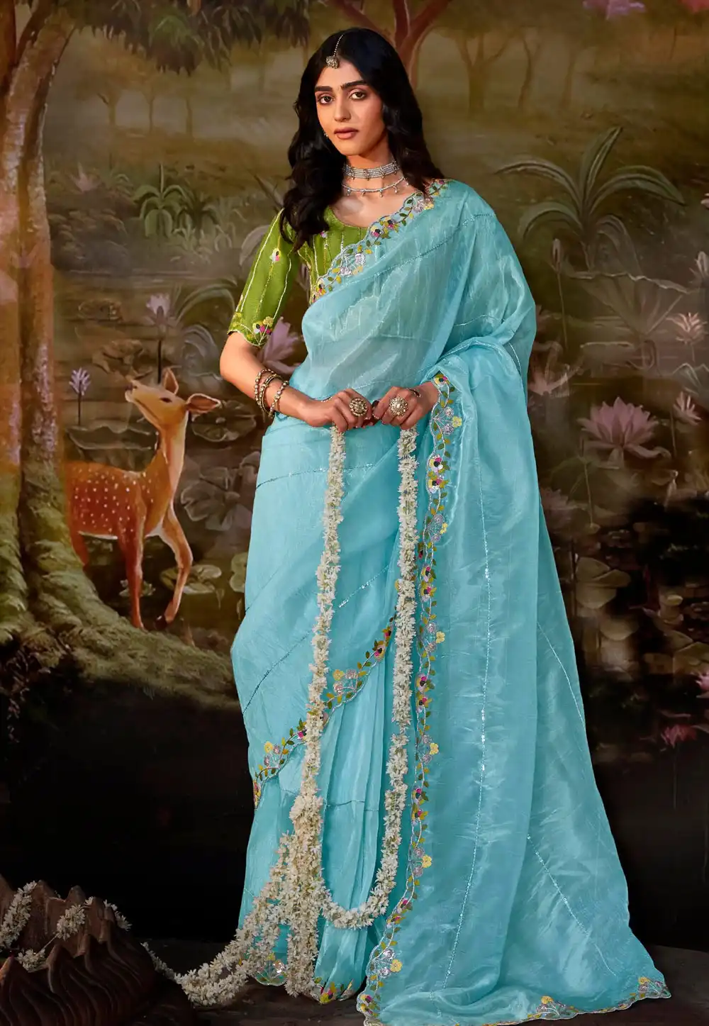 Sky Blue Organza Saree With Blouse 292753