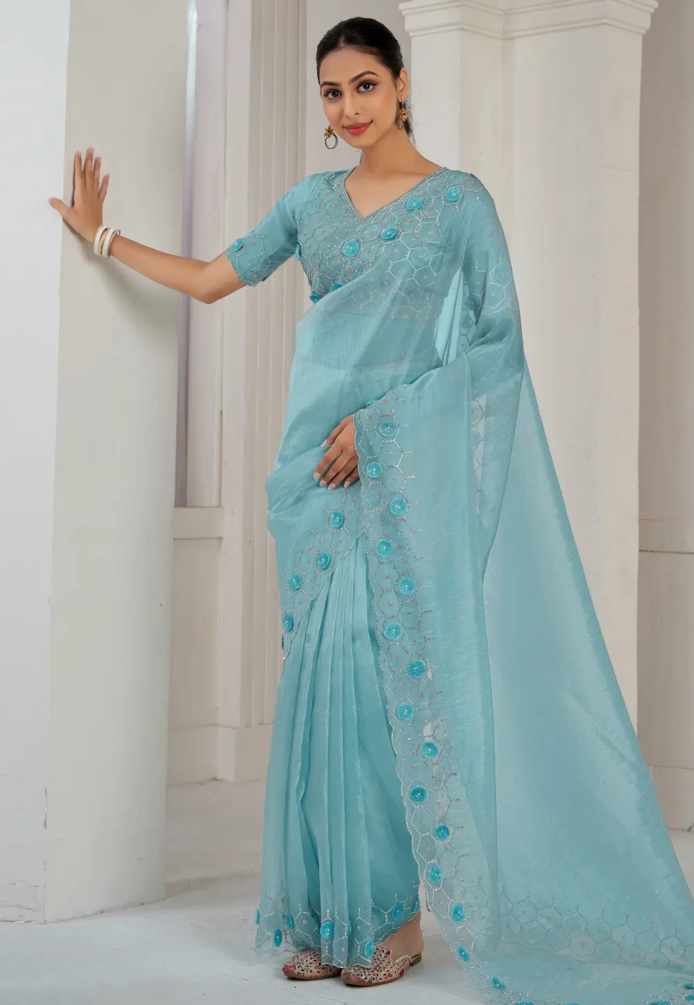 Sky Blue Organza Saree With Blouse 299473