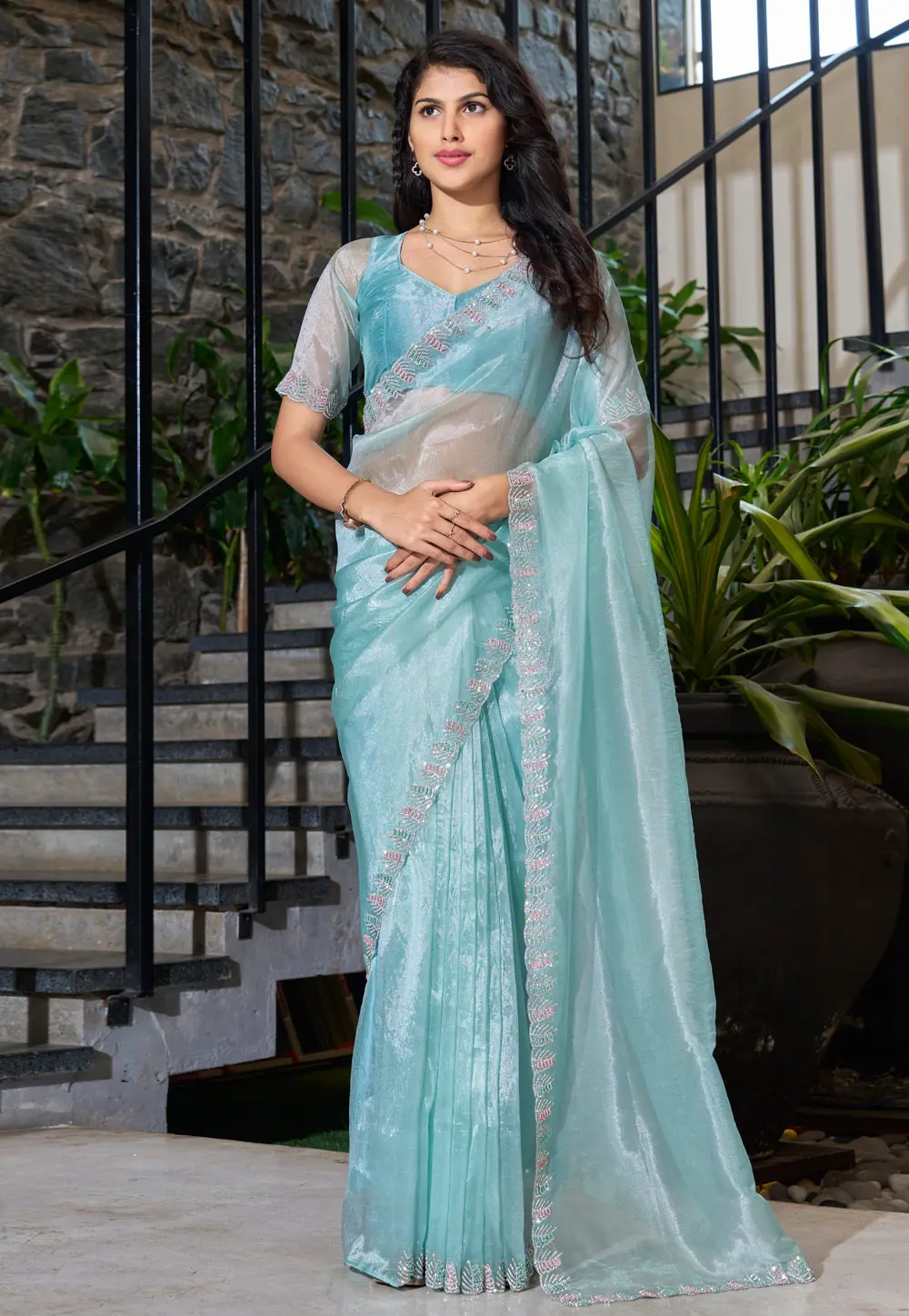 Sky Blue Organza Saree With Blouse 300126