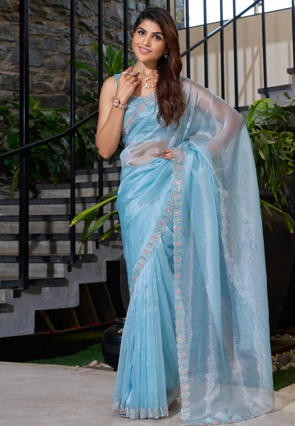 Sky Blue Organza Saree With Blouse 300128