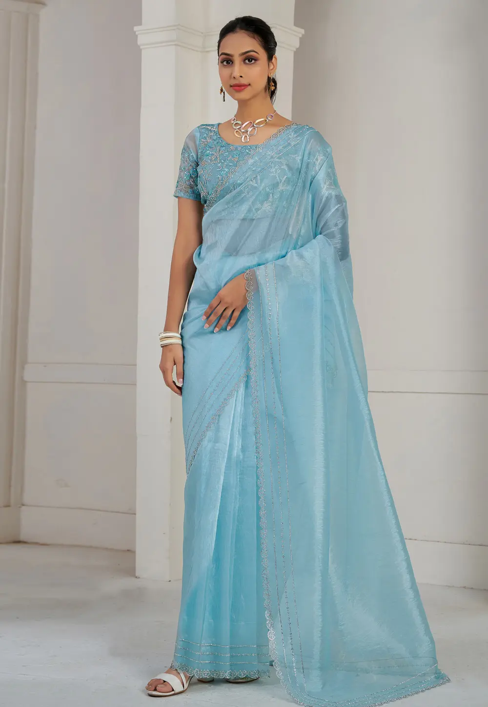 Sky Blue Organza Saree With Blouse 300563