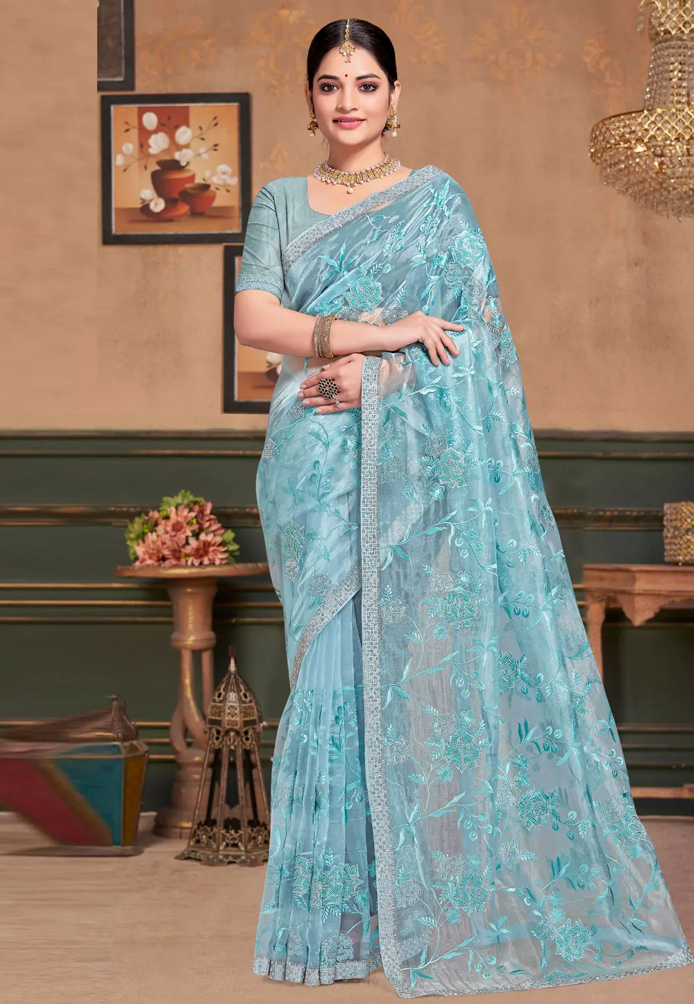 Sky Blue Organza Saree With Blouse 304154