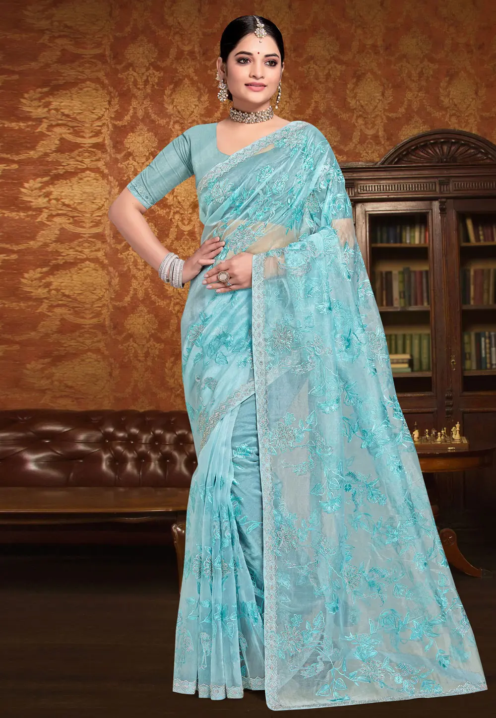 Sky Blue Organza Saree With Blouse 304159