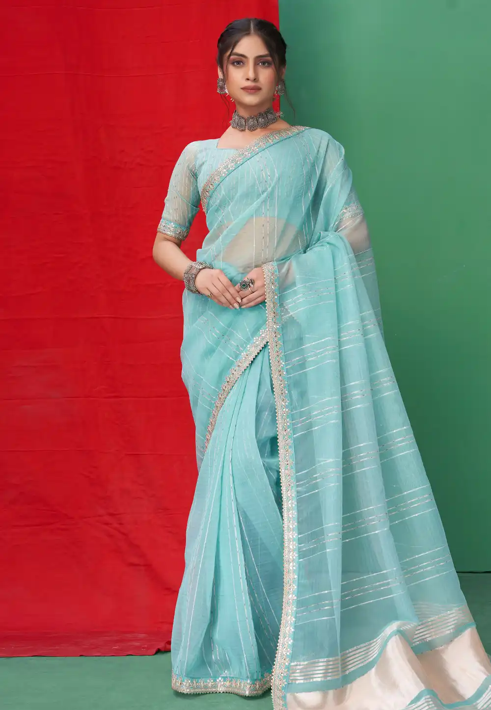 Sky Blue Organza Saree With Blouse 290353