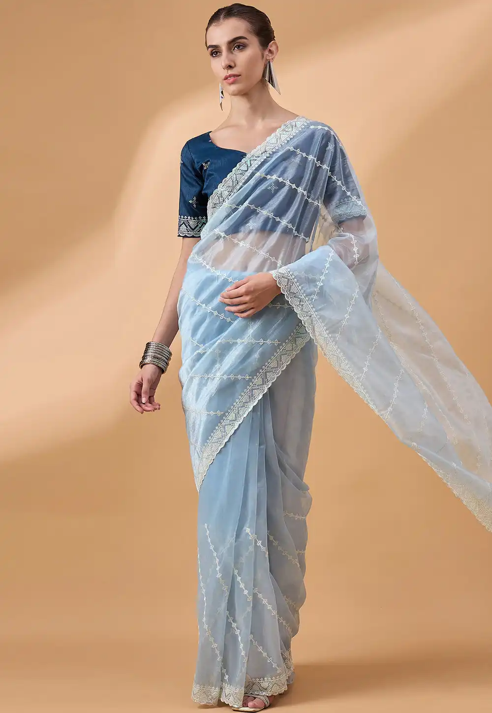 Sky Blue Organza Saree With Blouse 292001