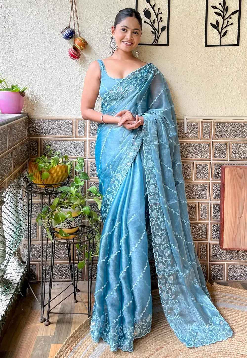 Sky Blue Organza Saree With Blouse 296071