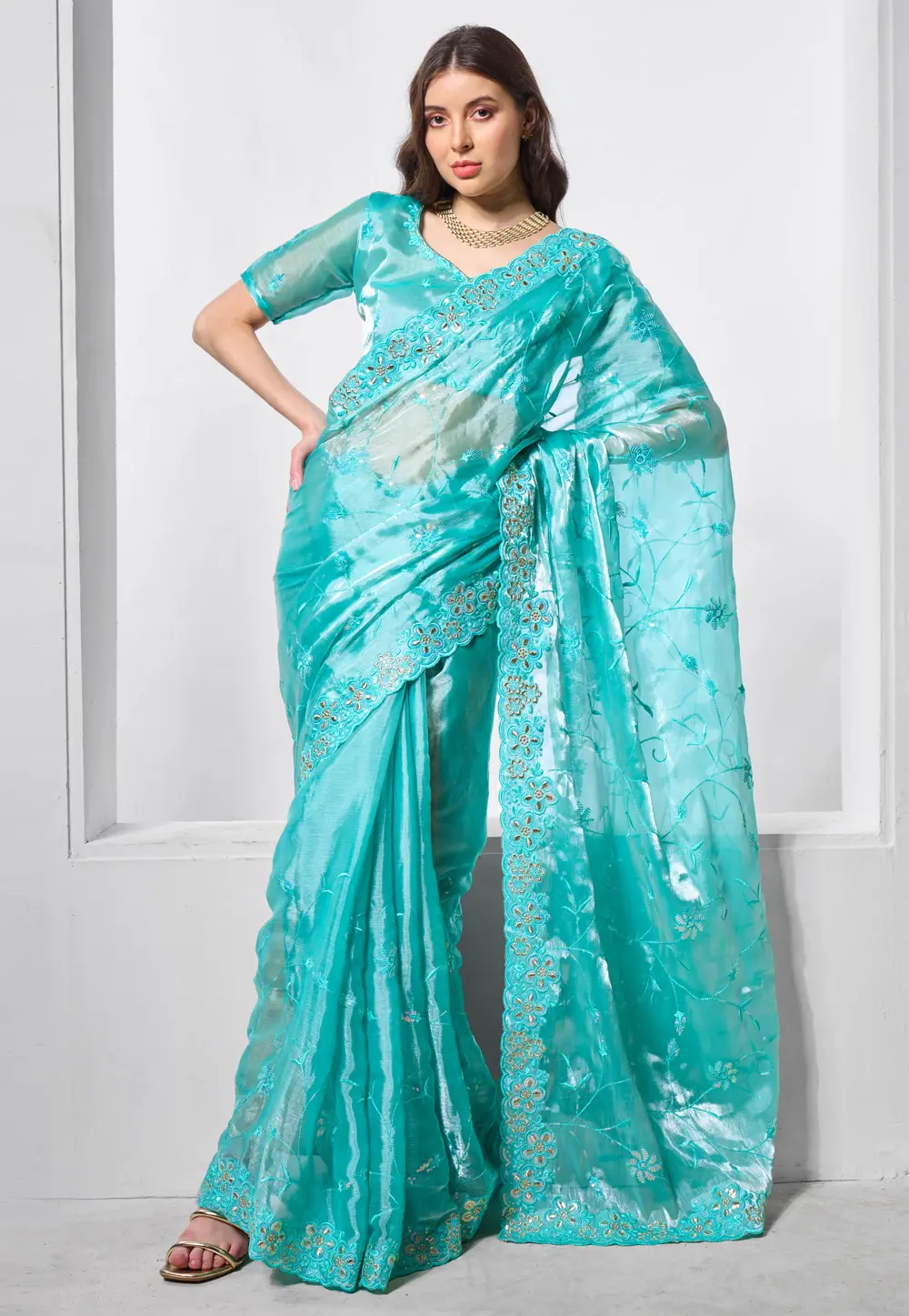 Sky Blue Organza Saree With Blouse 299045