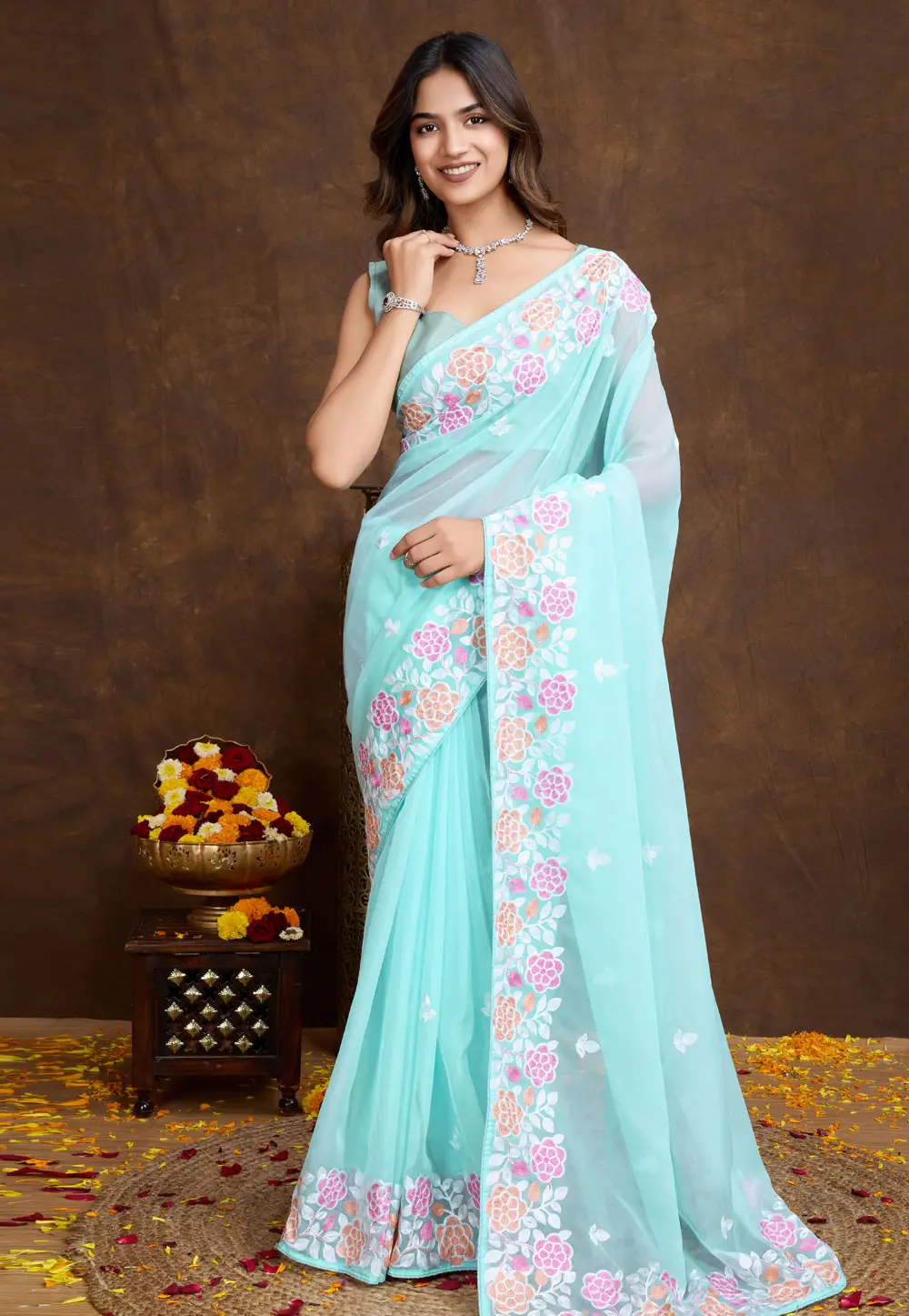 Sky Blue Organza Saree With Blouse 297032