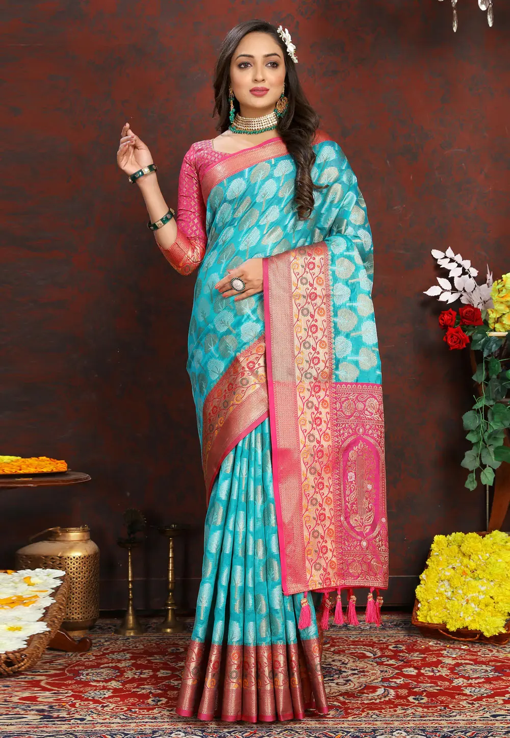 Sky Blue Organza Saree With Blouse 300510