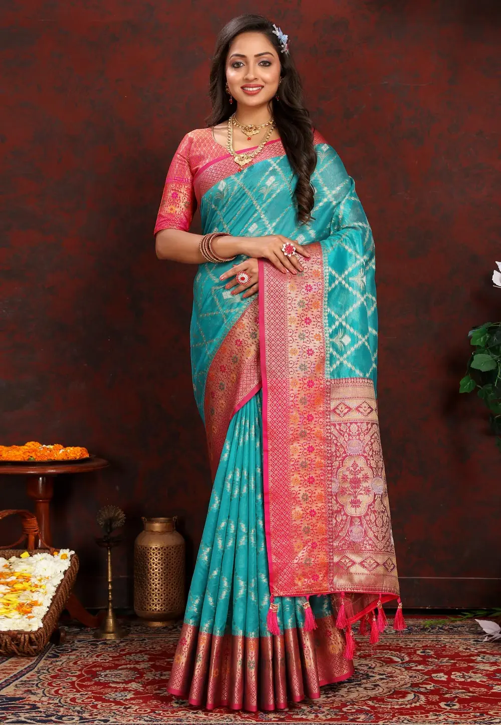 Sky Blue Organza Saree With Blouse 300520