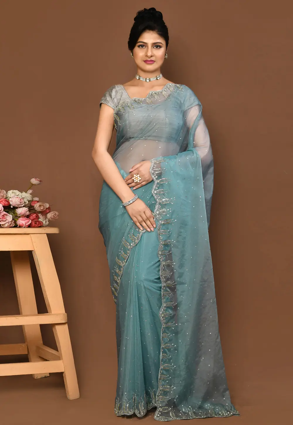 Sky Blue Organza Saree With Blouse 296001