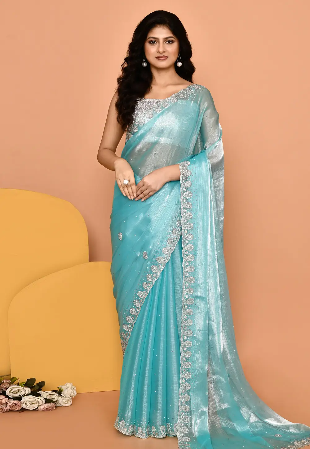 Sky Blue Organza Saree With Blouse 296027