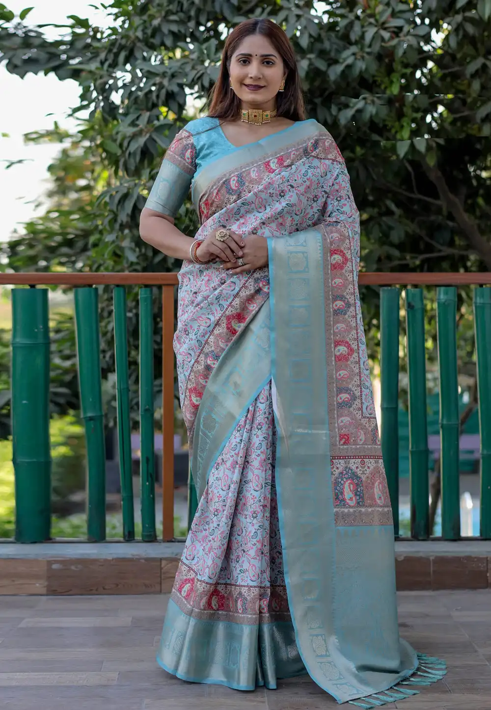 Sky Blue Pashmina Saree With Blouse 294665