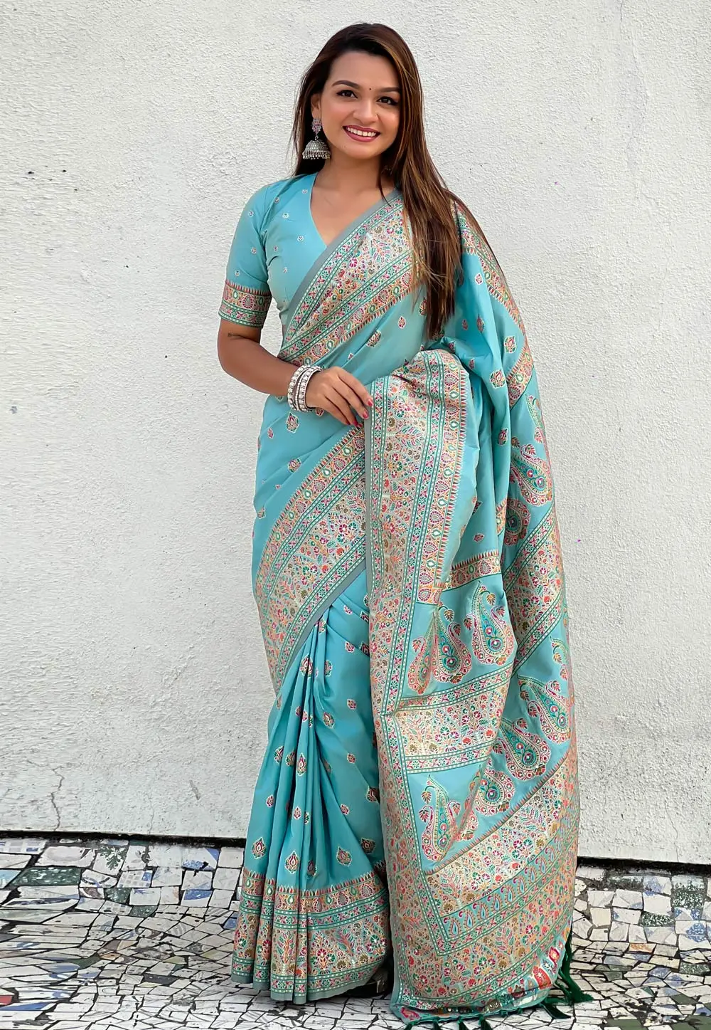 Sky Blue Pashmina Saree With Blouse 297391