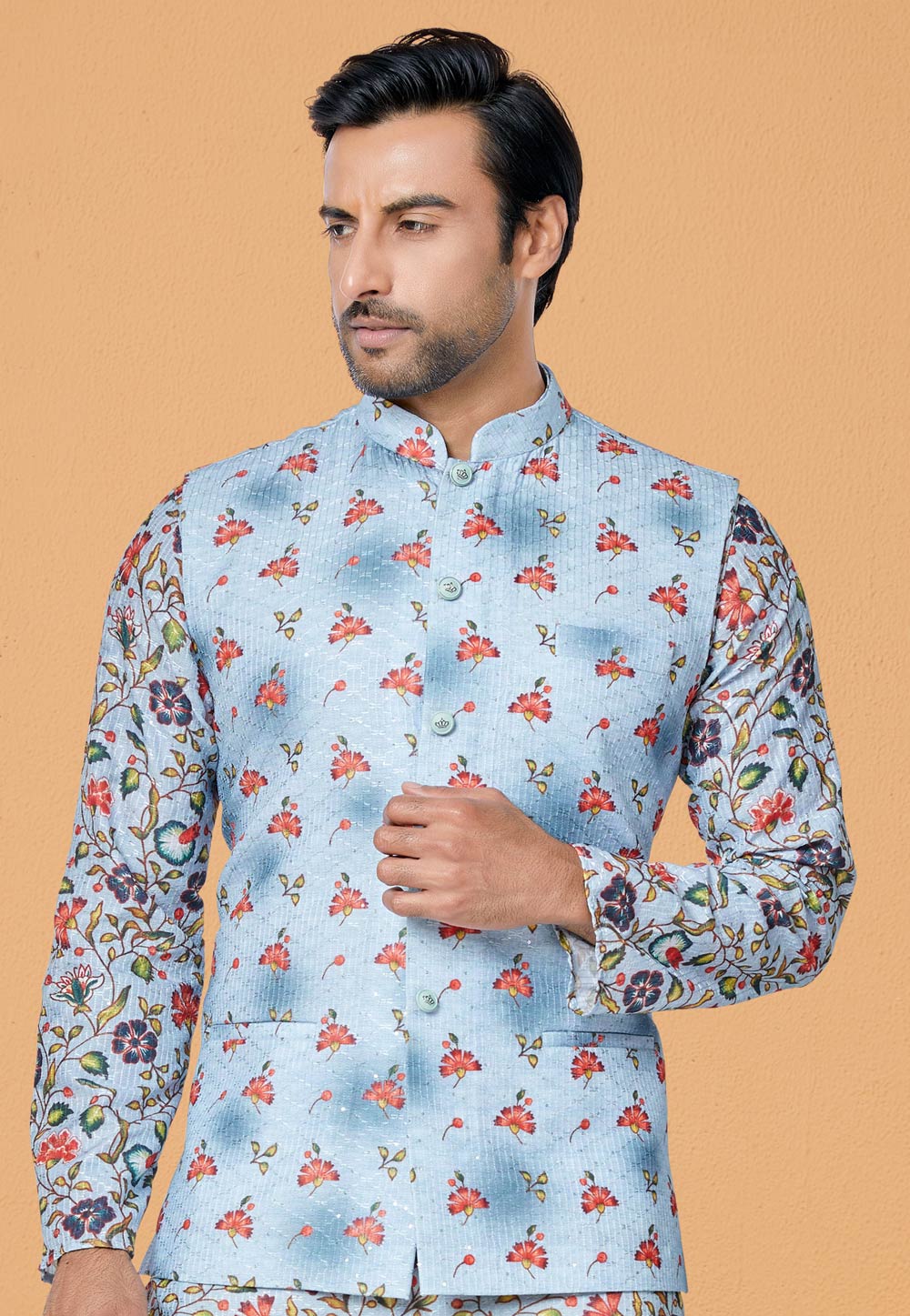 Sky Blue Polyester Nehru Jacket 286808