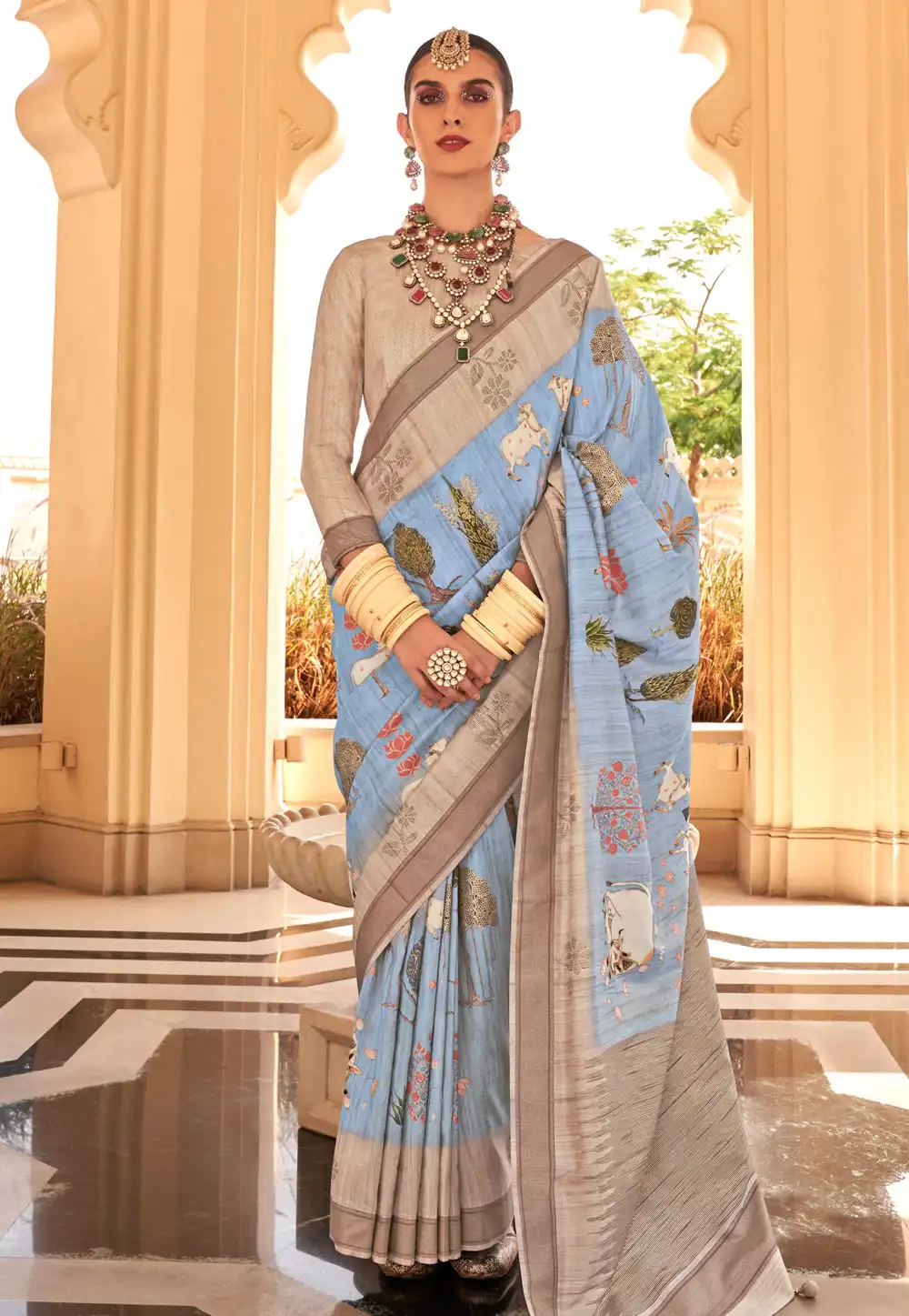 Sky Blue Raw Silk Saree With Blouse 291337