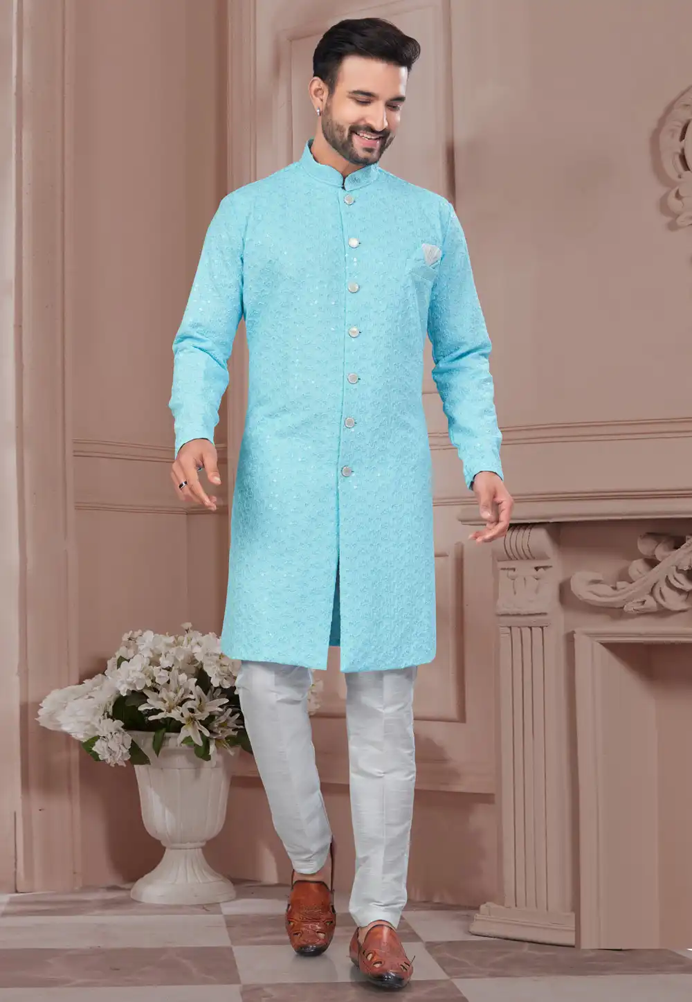 Sky Blue Rayon Indo Western Suit 294545