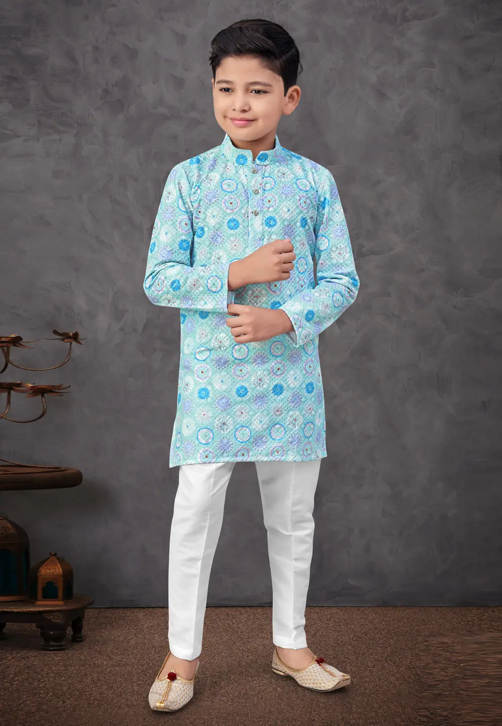 Sky Blue Rayon Kids Kurta Pajama 301359