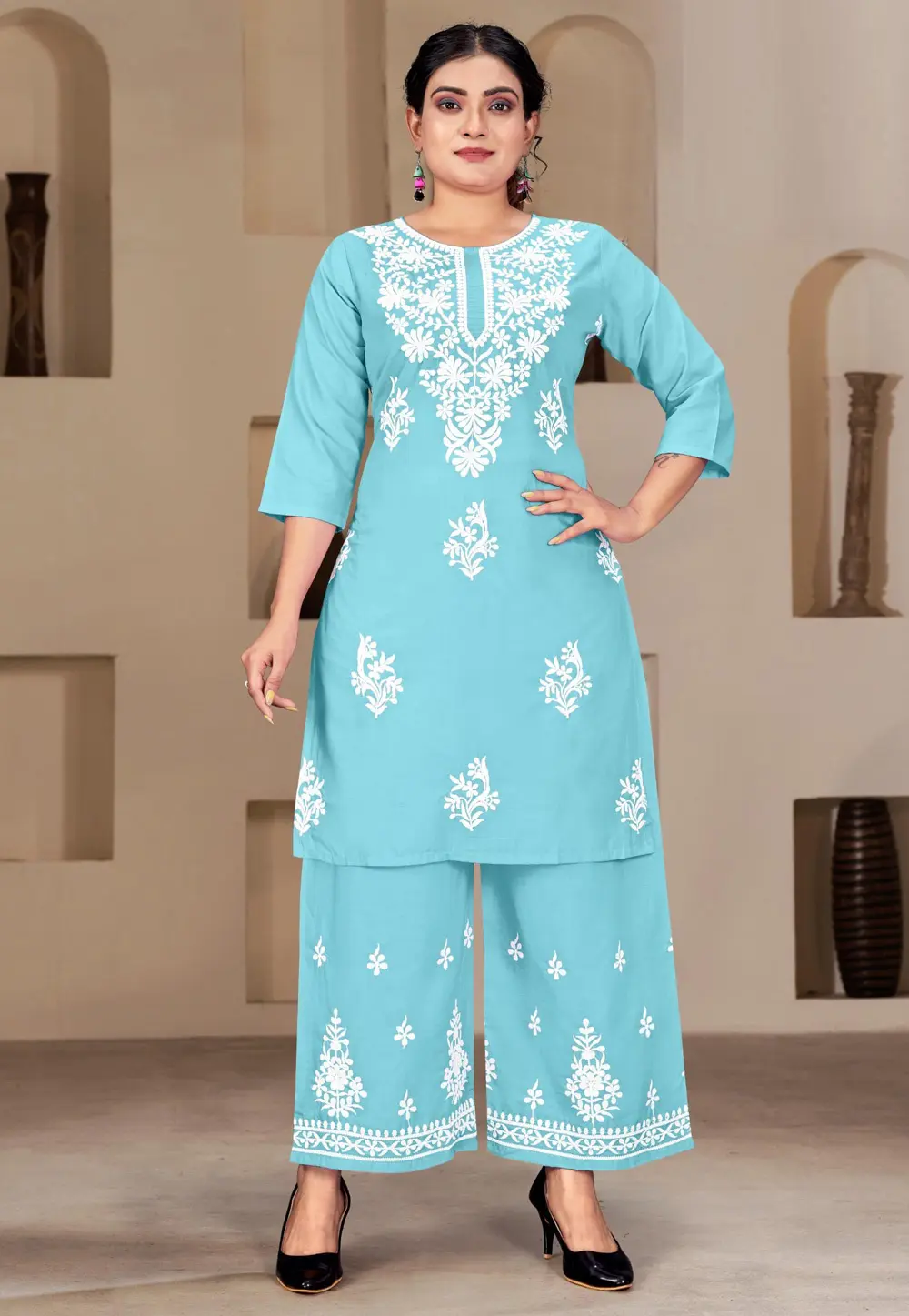 Sky Blue Rayon Kurta Set With Palazzo 300479