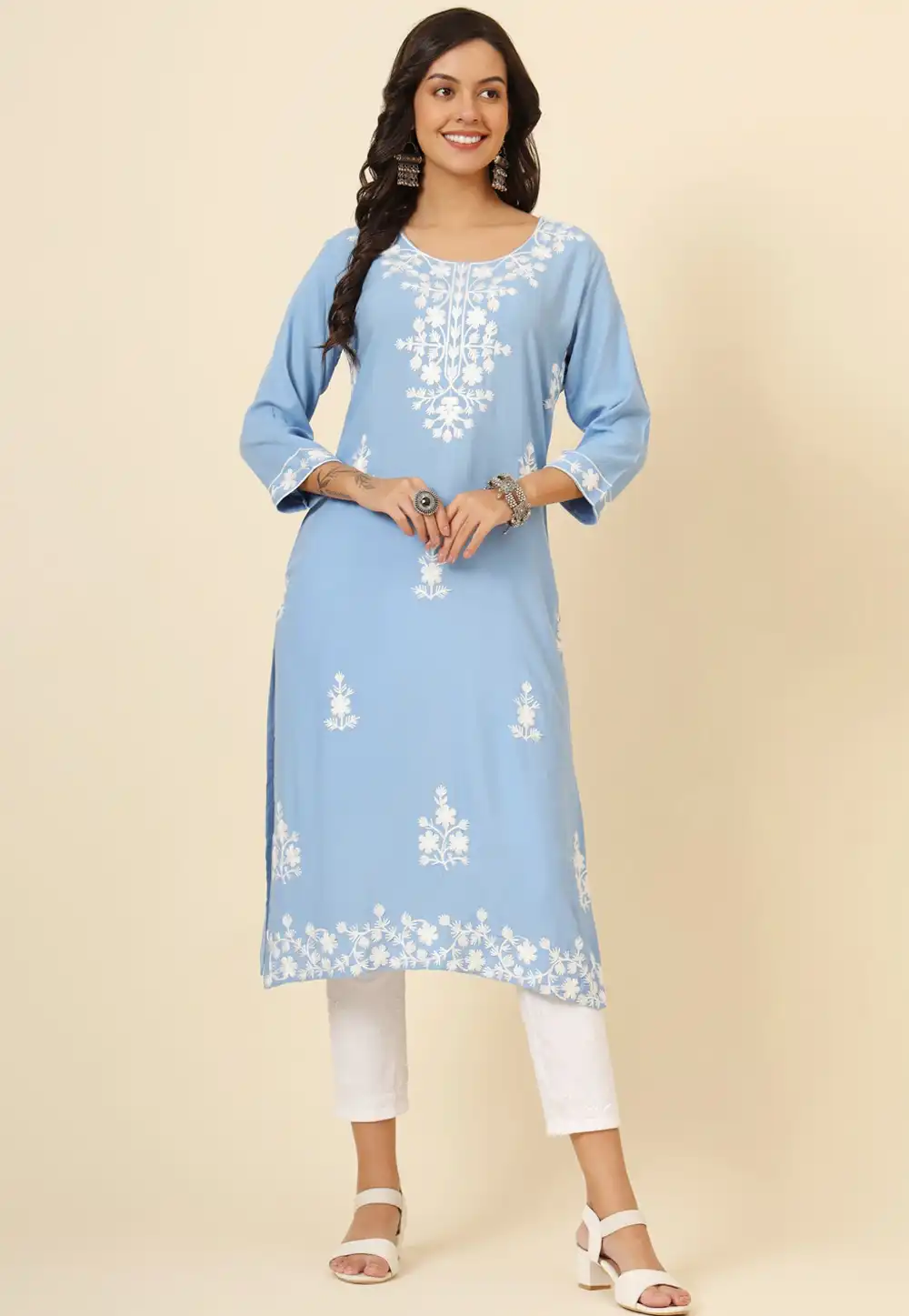 Sky Blue Rayon Long Kurti 294232