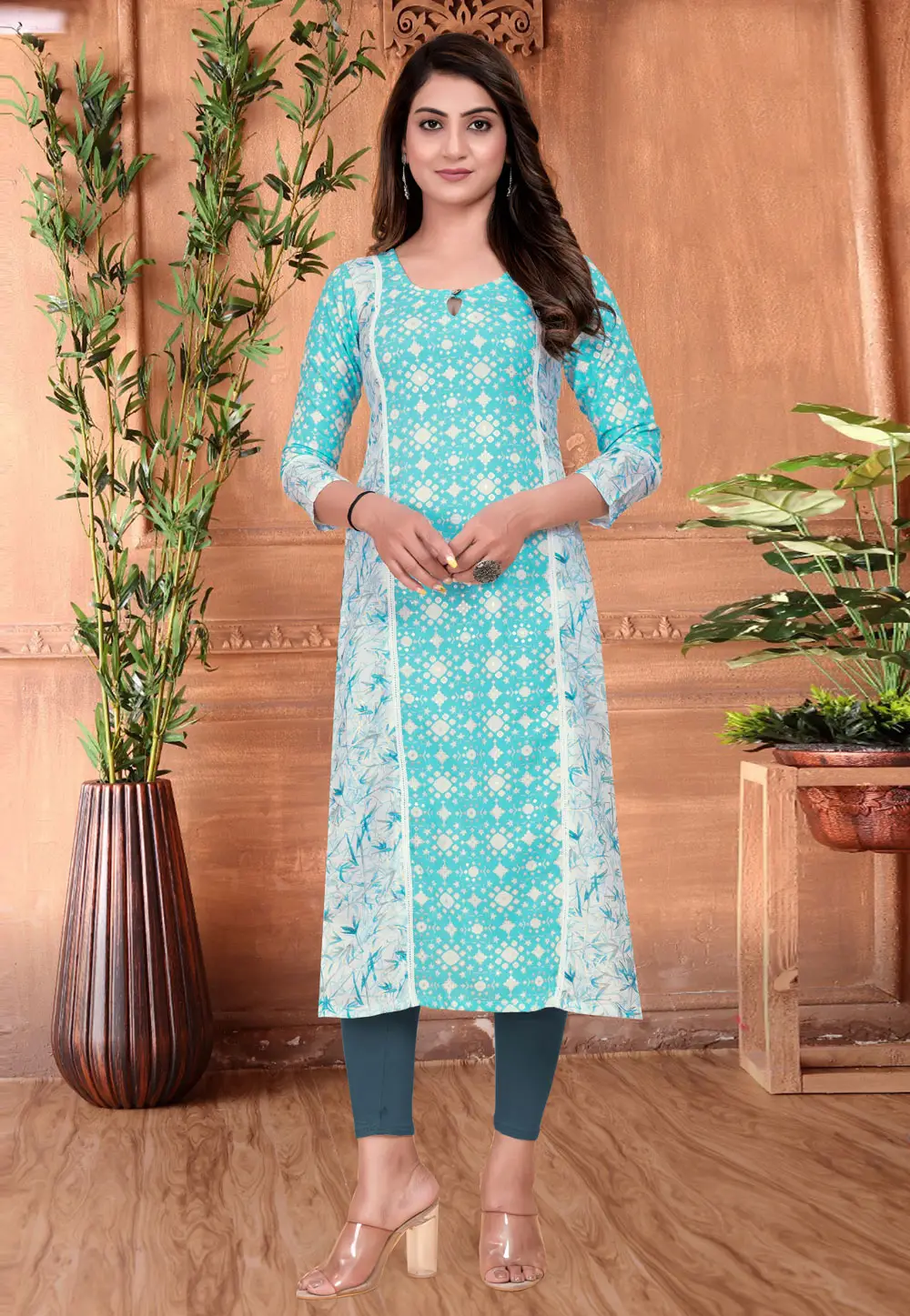 Sky Blue Rayon Printed Long Tunic 295830