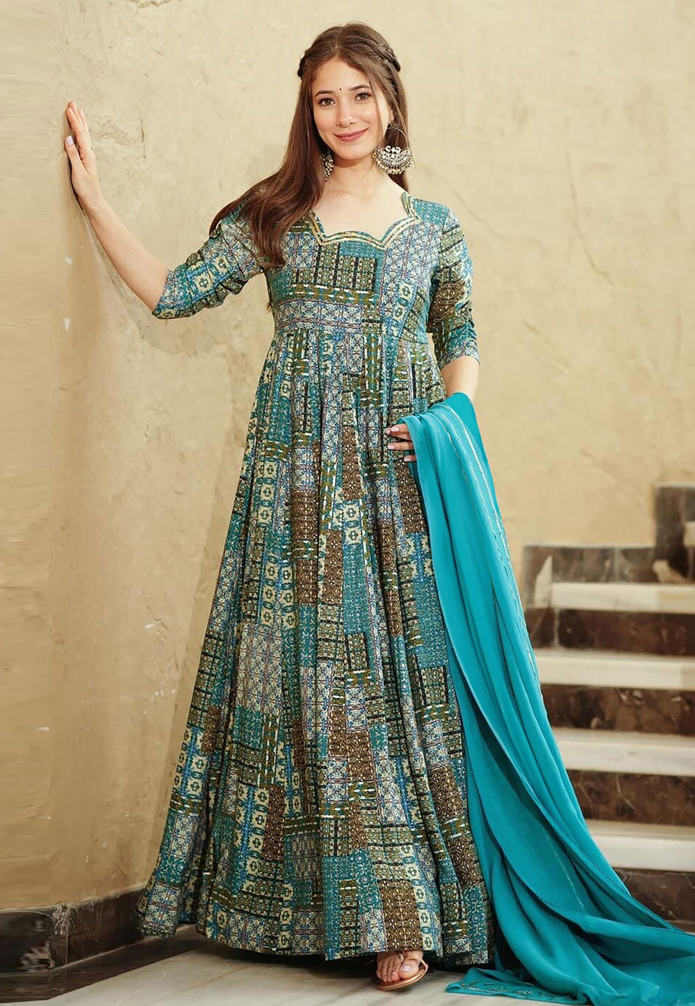 Sky Blue Rayon Readymade Long Anarkali Suit 287157