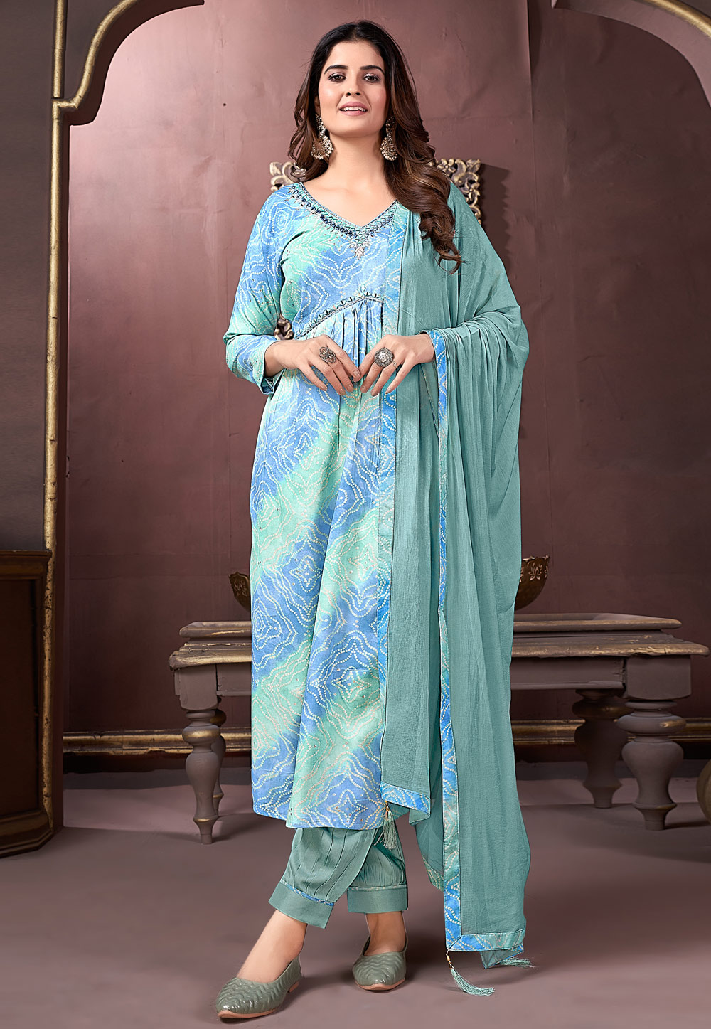 Sky Blue Rayon Readymade Pant Style Suit 284303
