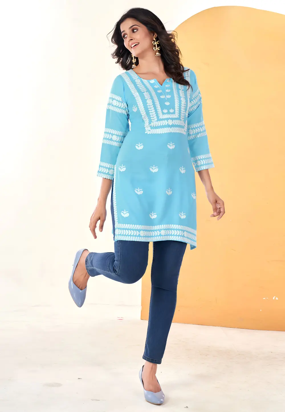 Sky Blue Rayon Short Kurti for Women 301155