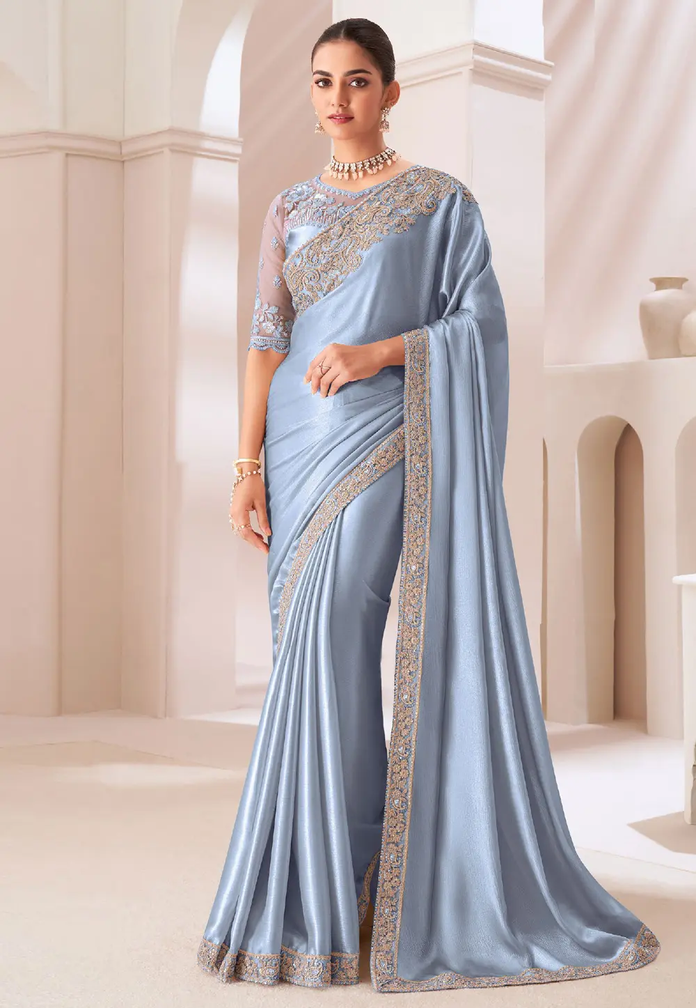 Sky Blue Satin Chiffon Saree With Blouse 299440