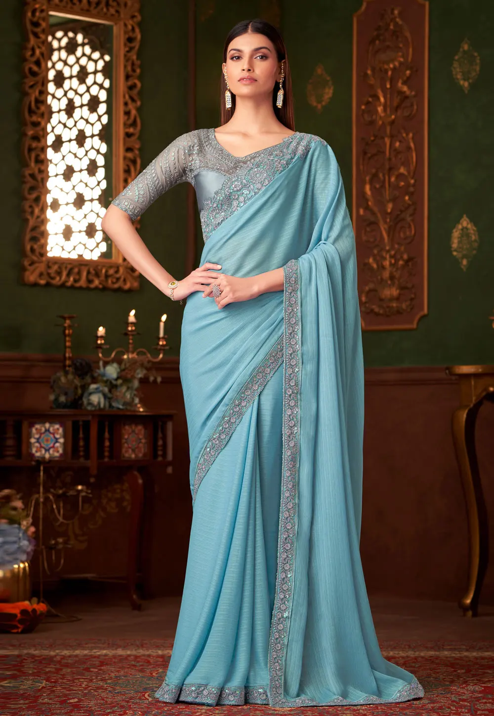 Sky Blue Satin Saree With Blouse 301117