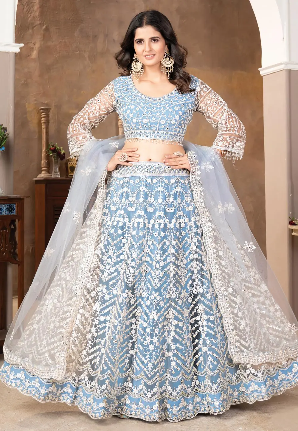 Sky Blue Satin Silk Circular Lehenga Choli 296570