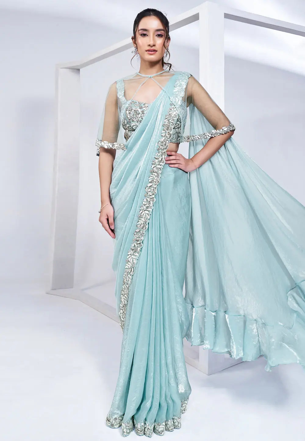 Sky Blue Satin Silk Designer Saree 297776