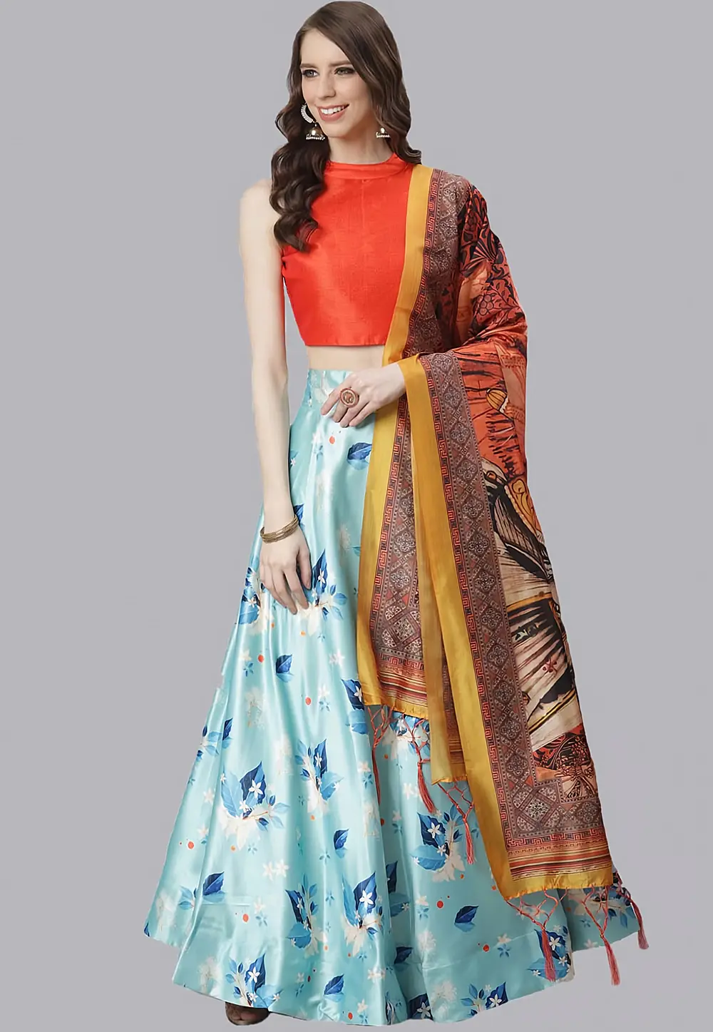 Sky Blue Satin Silk Floral Lehenga choli 297148