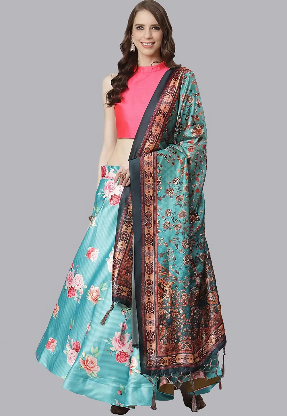 Sky Blue Satin Silk Floral Lehenga choli 297154