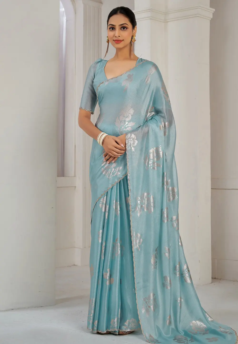 Sky Blue Satin Silk Saree With Blouse 299237