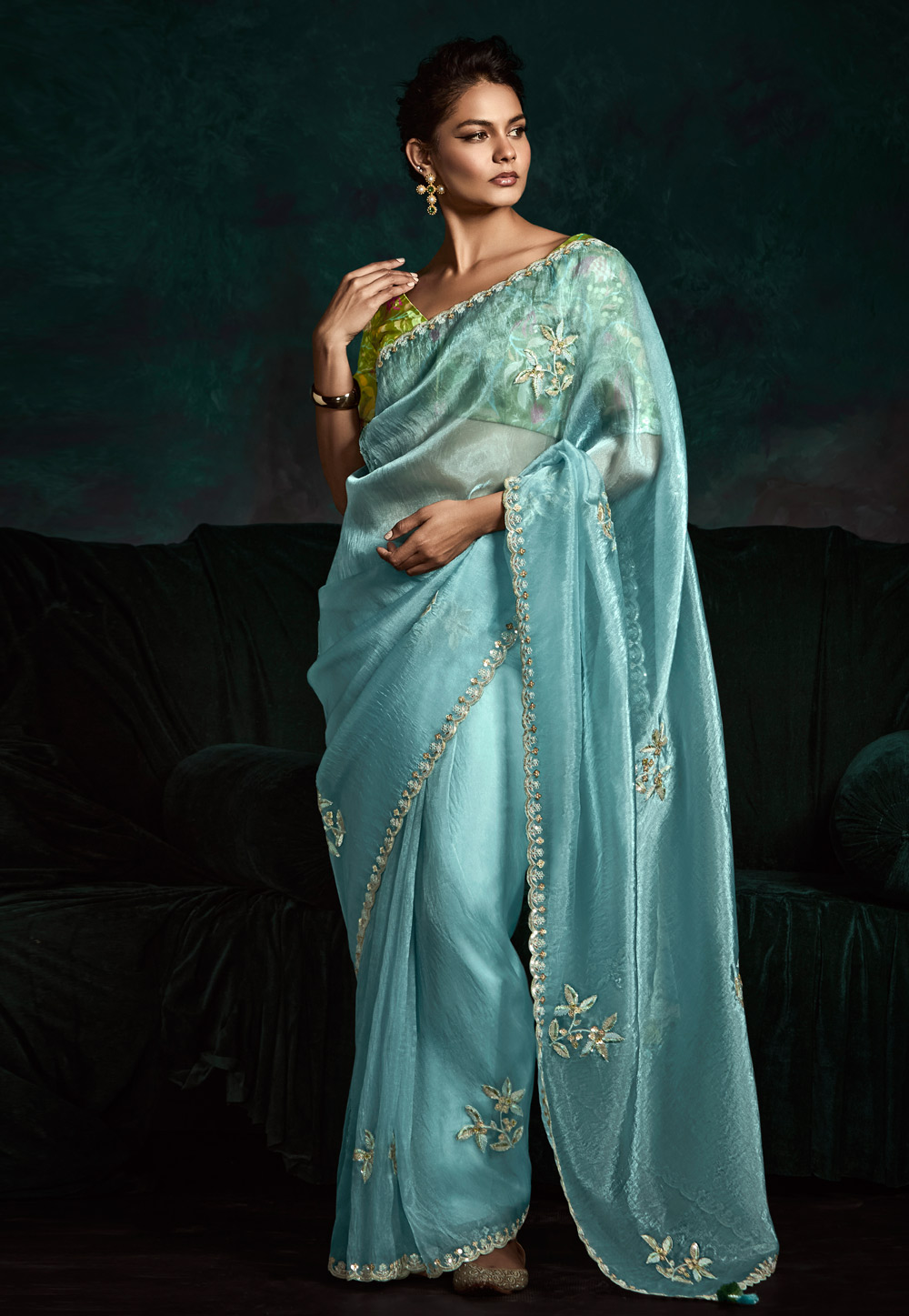 Sky Blue Satin Silk Saree With Blouse 304992