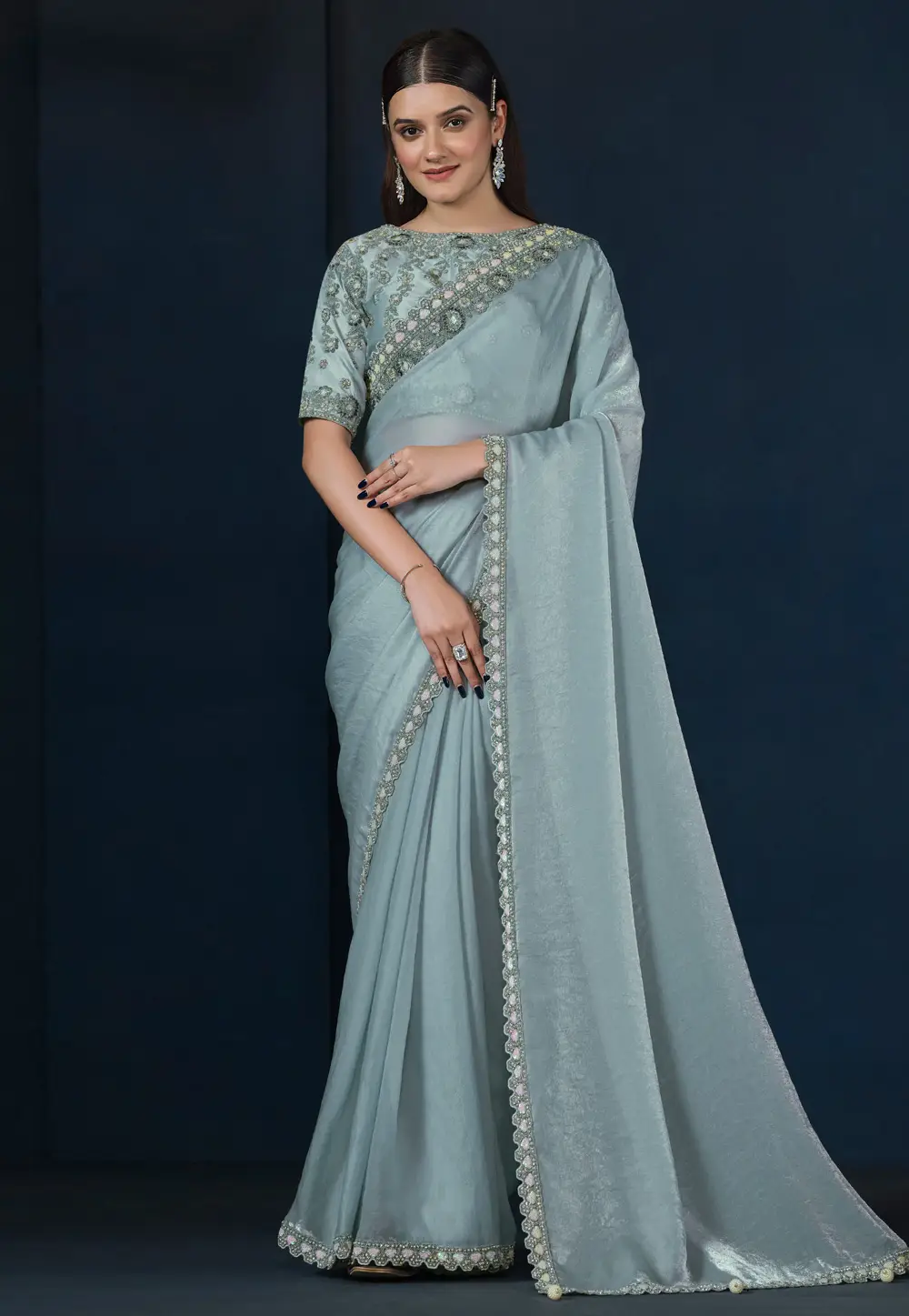 Sky Blue Satin Silk Saree With Blouse 296814