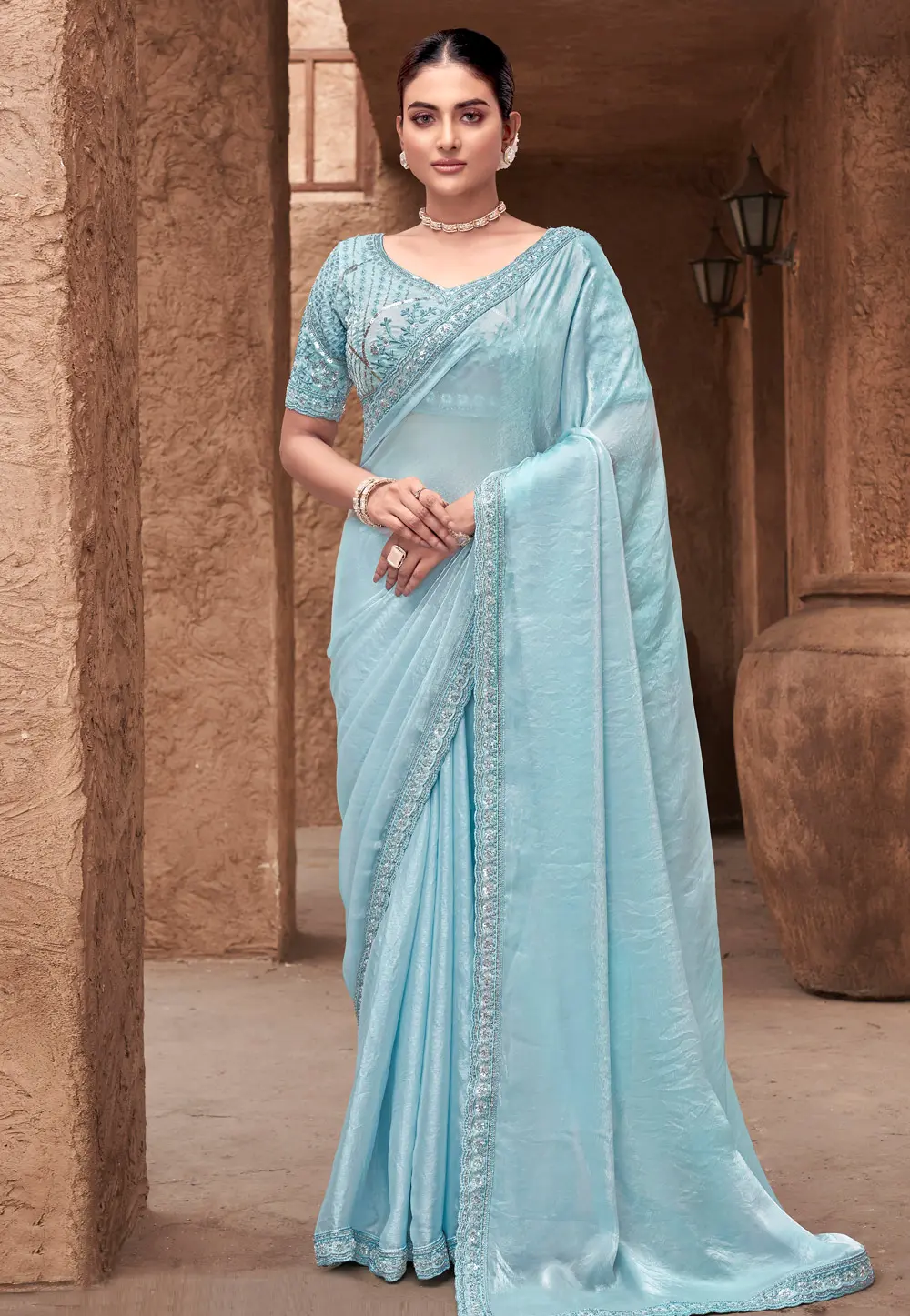 Sky Blue Satin Silk Saree With Blouse 303948