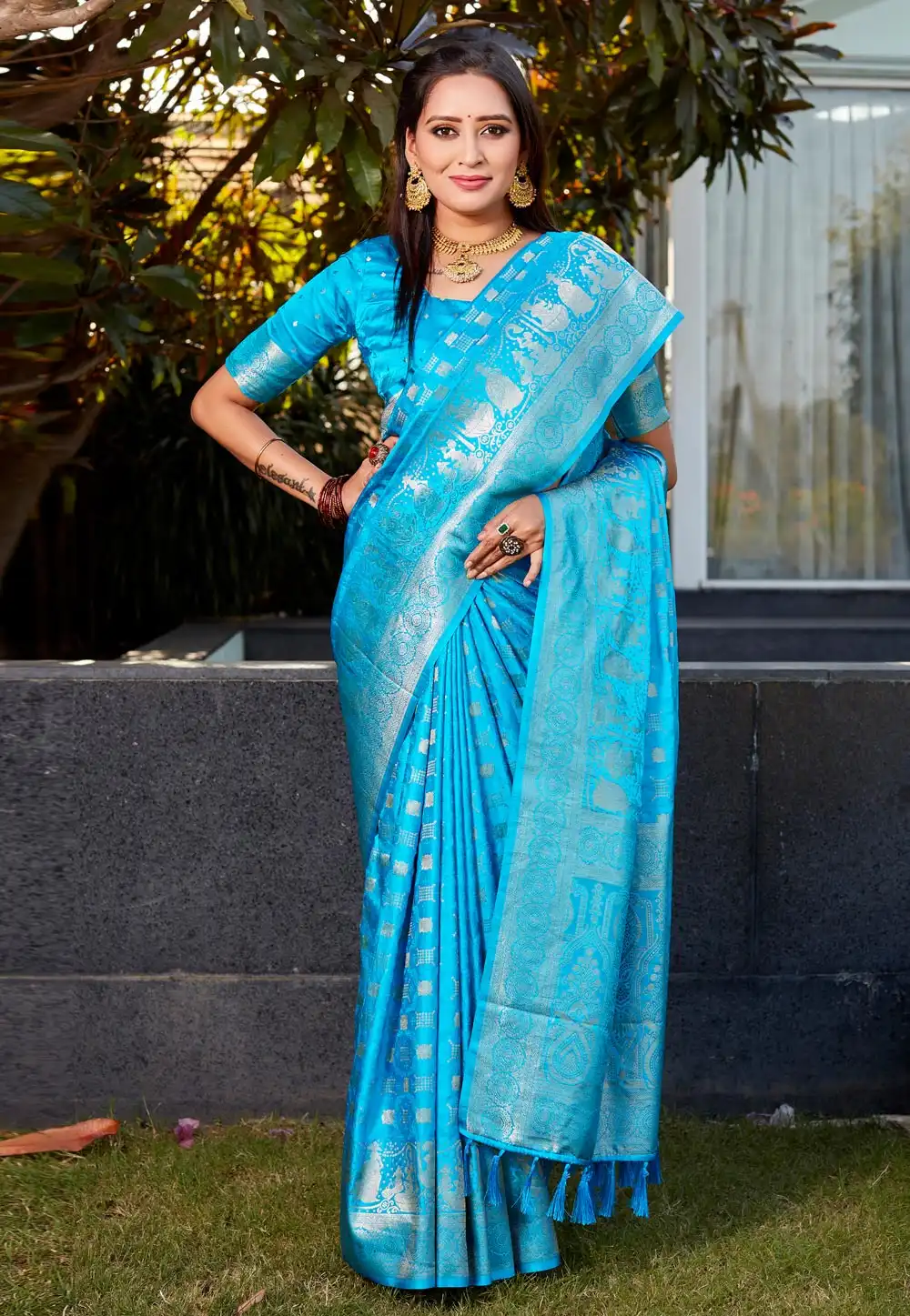 Sky Blue Satin Silk Saree With Blouse 290633